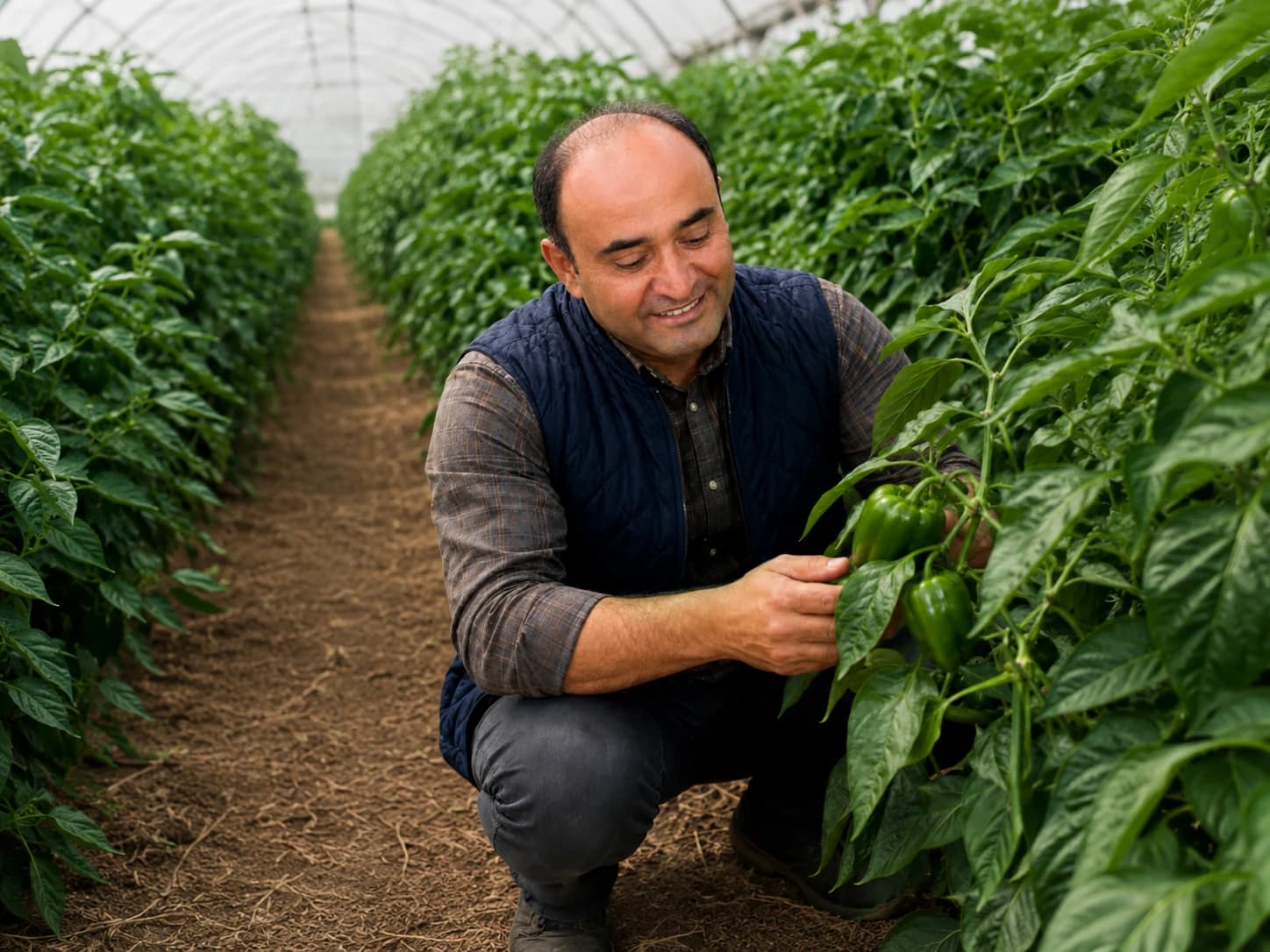 Üretici serada biber gelişimini kontrol ediyor