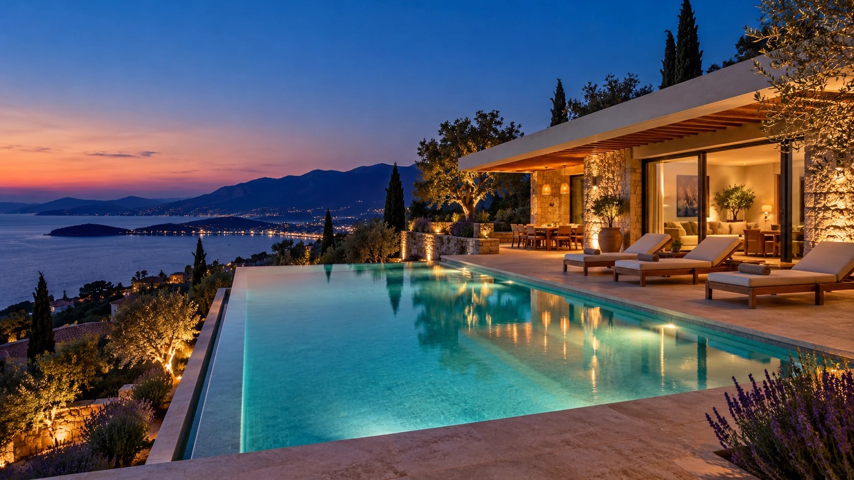 Fethiye körfezine bakan havuzlu taş villa, akşam