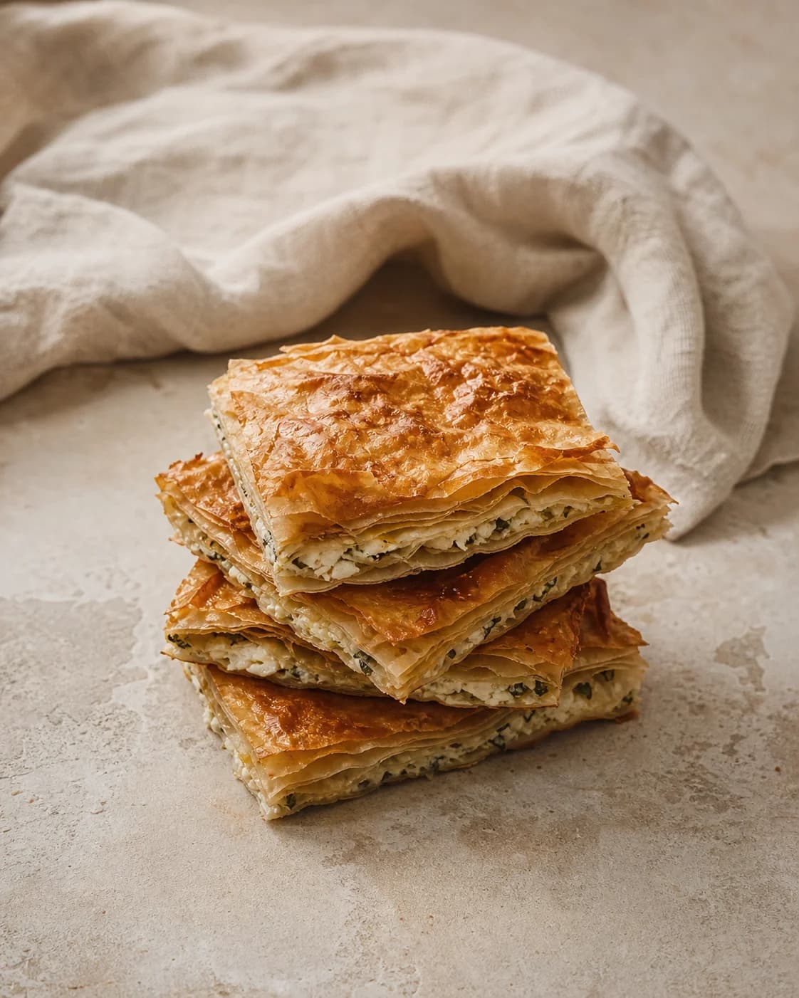 Kesilmiş börek dilimlerinin sıcak masa üzerindeki dikey kadrajı