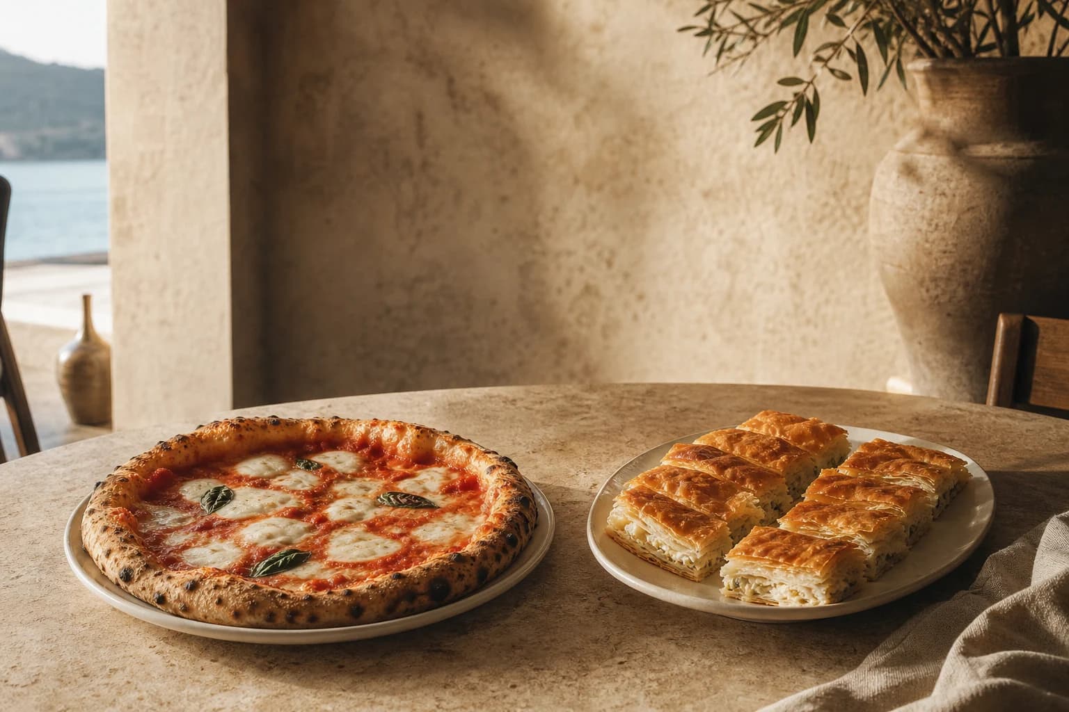 Pizza ve böreğin aynı Akdeniz sofrasında buluştuğu sıcak masa
