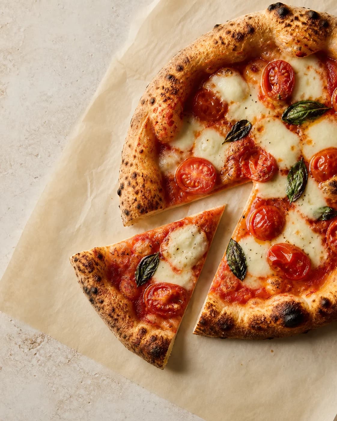Pizza dilimleri ve taze malzemelerin editoryal üstten görünümü