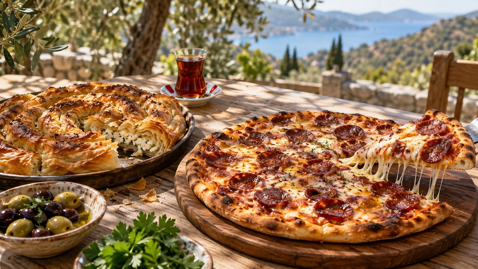 Ahşap masada sucuklu kaşarlı pizza ve kol böreği