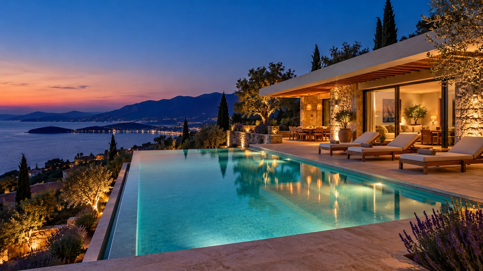 Fethiye körfezine bakan havuzlu taş villa, akşam