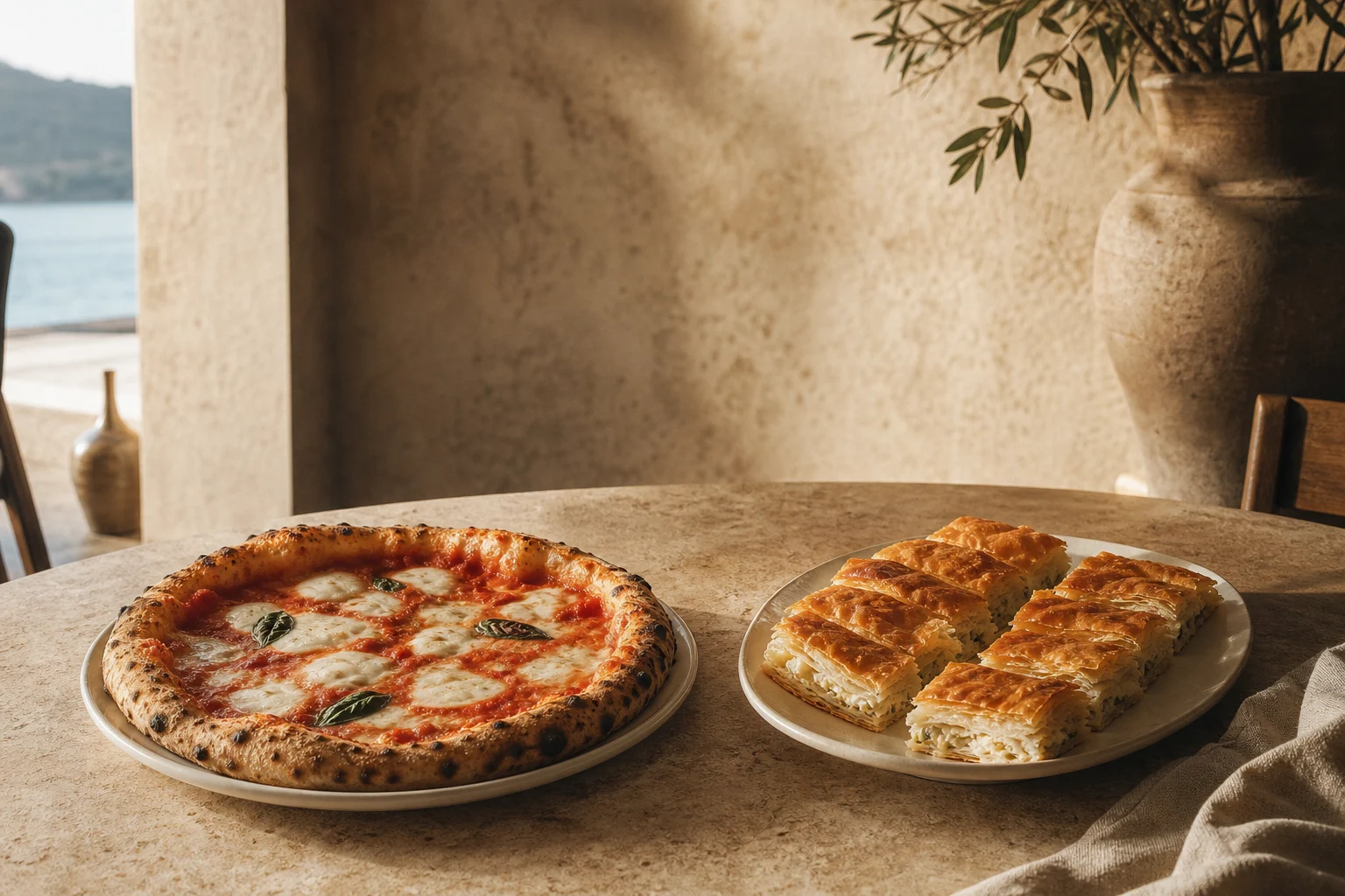 Pizza ve böreğin aynı Akdeniz sofrasında buluştuğu sıcak masa