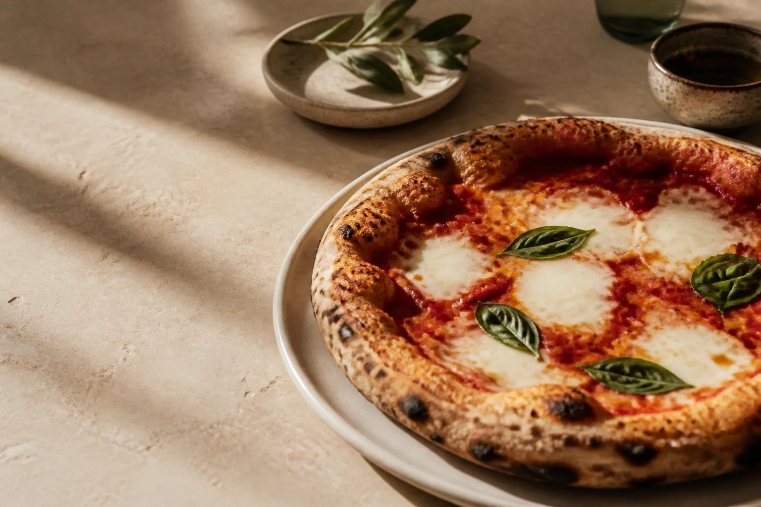 Sıcak servis edilen pizzanın doğal masa düzenindeki yakın planı