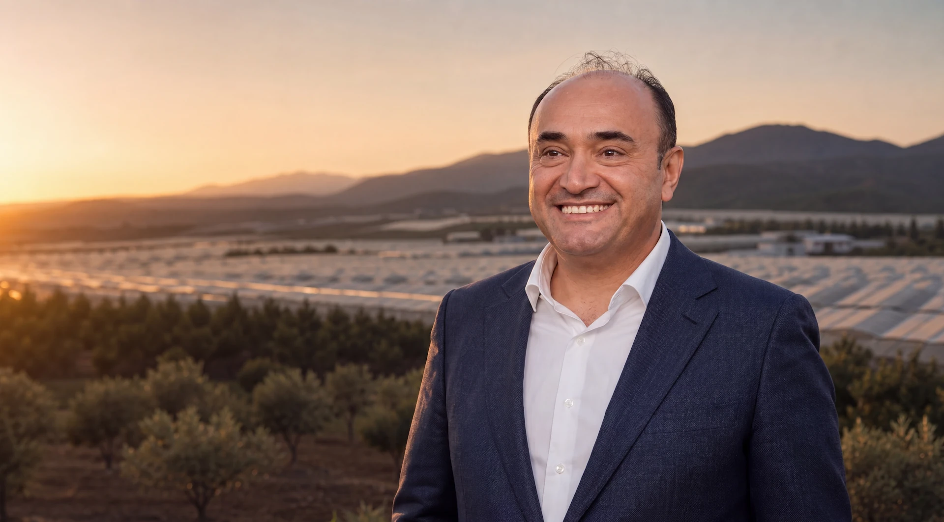Muğla'da seralar ve gün batımı; geniş ekranda önünde Bayram Önder Akdenizli